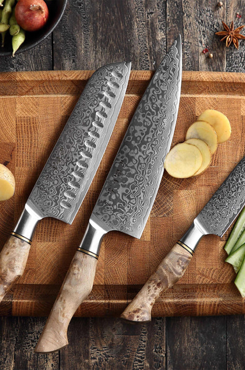 Hezhen 3pcs Knife Set Damascus Steel Kitchen Japanese style Chef Utility Santoku Knife