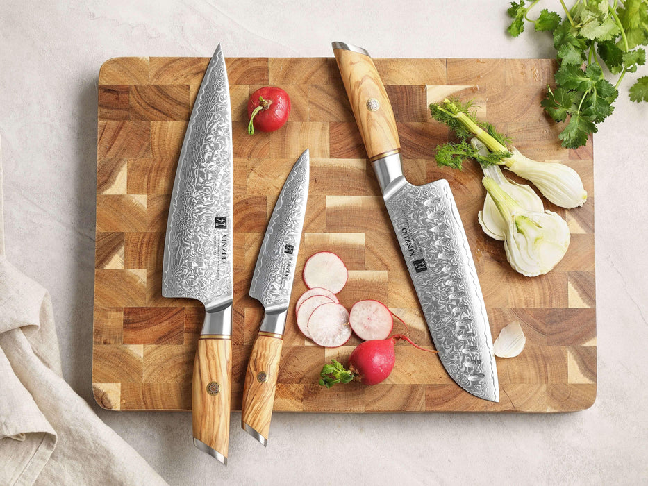 XINZUO 3pcs Knife Set with Olive Wood + Copper Flower Nails Damascus Steel 62-64 HRC - The Bamboo Guy