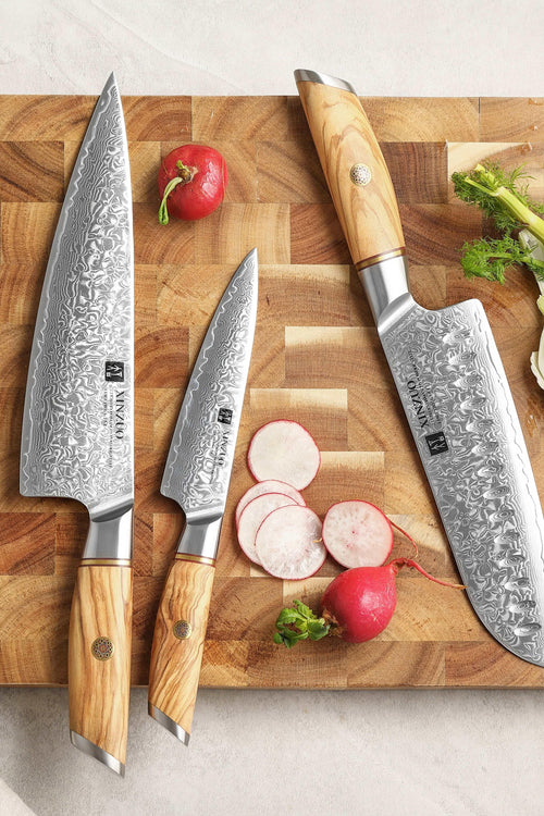 XINZUO 3pcs Knife Set with Olive Wood + Copper Flower Nails Damascus Steel 62-64 HRC - The Bamboo Guy