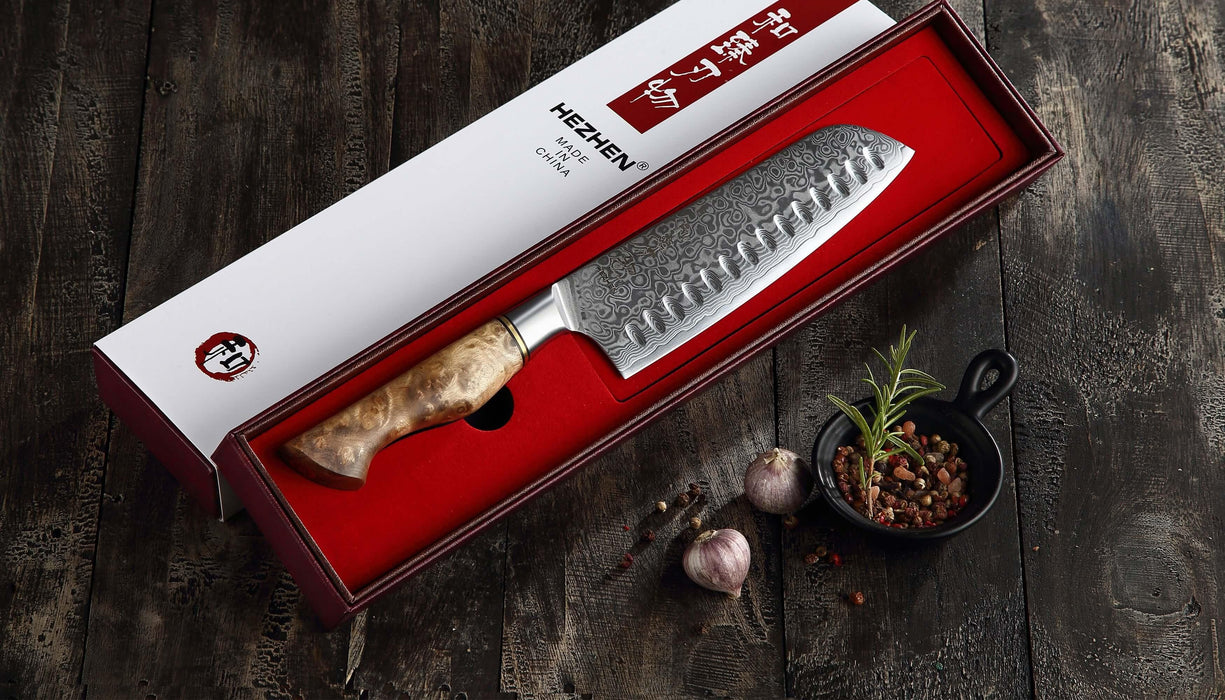 Hezhen B30 Forged Damascus Stainless Steel Kitchen Japanese style Santoku Knife - The Bamboo Guy
