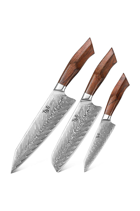 TBG 3 Knife Set Japanese Damascus Stainless Steel Kitchen Chef Santoku Utility - The Bamboo Guy