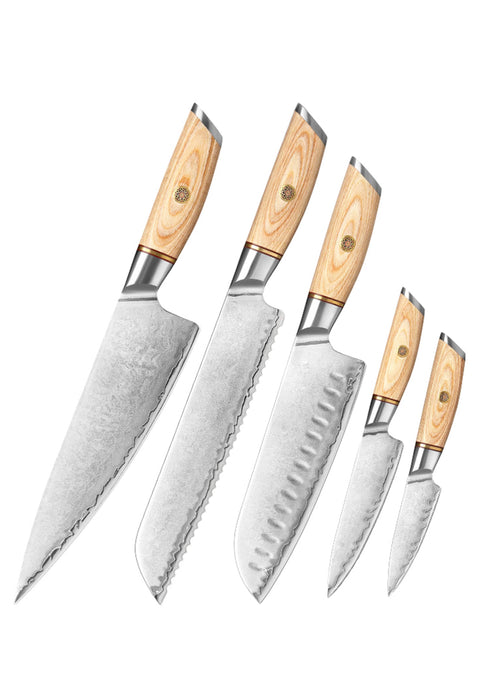 XINZUO 5pcs Knife Set with Olive Wood + Copper Flower Nails Damascus Steel 62-64 HRC K - The Bamboo Guy