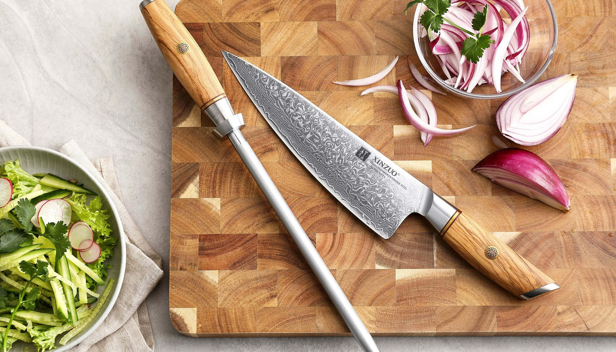 Zinzuo 9" Professional Kitchen Knife Blade Sharpener Diamond Sharpening Rod Olivewood Handle - The Bamboo Guy