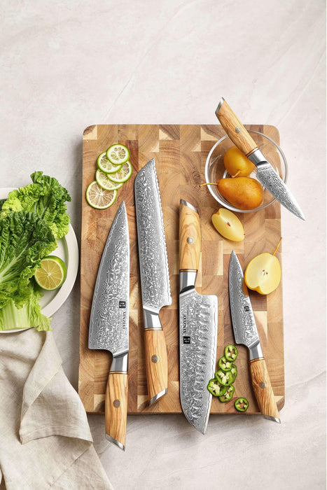 Three Olivewood-Handled Knives & Cutting Board