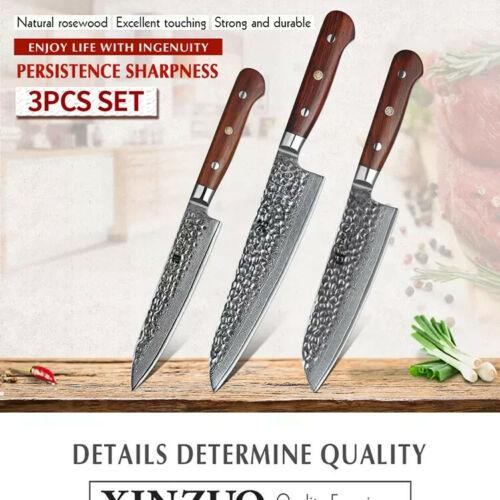 Xinzuo B9 3 Pcs 67 Layer Damascus Steel Knife Set Chef Santoku Utility Knife  Rosewood – The Bamboo Guy